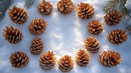 Obraz premium Pinecones encircle fresh, glowing snow, illuminated by golden light, creating a cozy winter mood