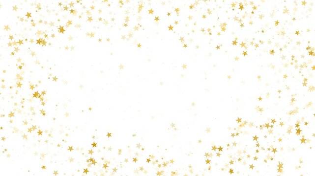 Gold flying stars confetti magic christmas frame. Loop sparkles stardust border background. Gold sparkles confetti on white.