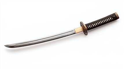  a samurai sword on a white background The sword has a long, curved blade with a sharp point and a handle with a guard The blade is decorated with intricate design
