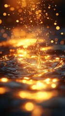 Naklejka premium Golden Water Splashing Art: Stunning Water Drops and Ripples, Capturing the Essence of Golden Light