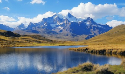 A beautiful mountain range with a lake in the foreground
