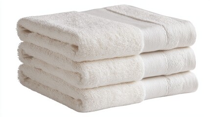  a stack of three white towels on a white background The towels are neatly folded and appear to be made of a soft, absorbent material The white color of the towels