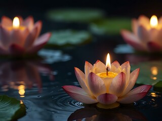 Burning candle on a lotus flower in water.