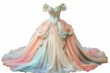 Pastel ombre gown, embellished bodice, flowing skirt.
