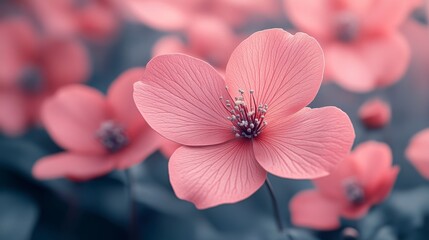 Fototapeta premium Close-up of a Delicate Pink Flower, Exquisite Floral Detail, Vibrant Soft Pink Petals, Stunning Macro Photography, Nature's Artistic Beauty