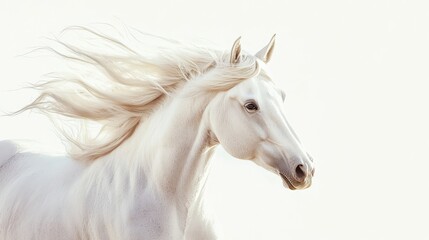  a white horse with its mane blowing in the wind against a white background