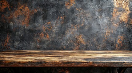 A rustic wooden table against a textured dark wall, ideal for photography or presentations.