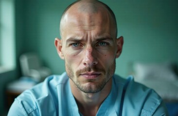 Fototapeta premium A doctor with a serious expression sits in a clinic, showcasing professionalism and readiness to face patient care challenges. Generative AI