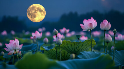 Fototapeta premium Full moon illuminating pink lotus flowers in serene night landscape