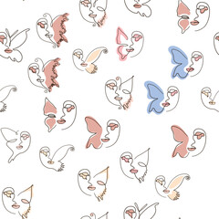 Woman face Continuous line seamless pattern. Abstract Female portrait with Butterfly. Drawing vector Wallpaper, fabric, wrapping paper, card, poster
