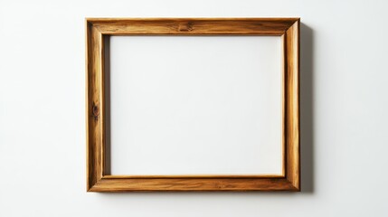  a wooden picture frame hanging on a white wall The frame is made of wood and has a smooth, glossy finish It is rectangular in shape and has four corners The edge
