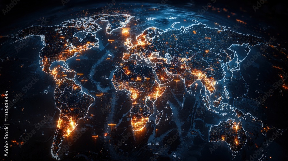Fototapete global fintech hubs map world overview digital visualization data insights satellite perspective fin
