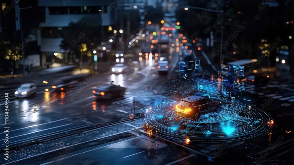 Poster smart city integration ai traffic management and urban intersection visualization in aerial rainy ni