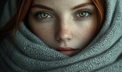 Fototapeta premium A Close-Up of a Woman With Green Eyes Wrapped in a Cozy Gray Scarf, Showcasing Her Natural Beauty and Freckles in Soft Lighting