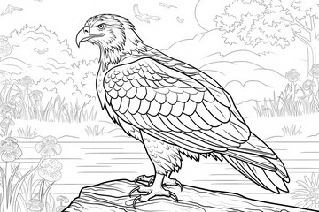 Fototapeta premium A majestic eagle perched on a rock, showcasing its detailed feathers and sharp gaze against a serene natural backdrop.
