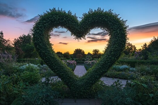 A heart-shaped topiary framed by a twilight sky in a serene garden,