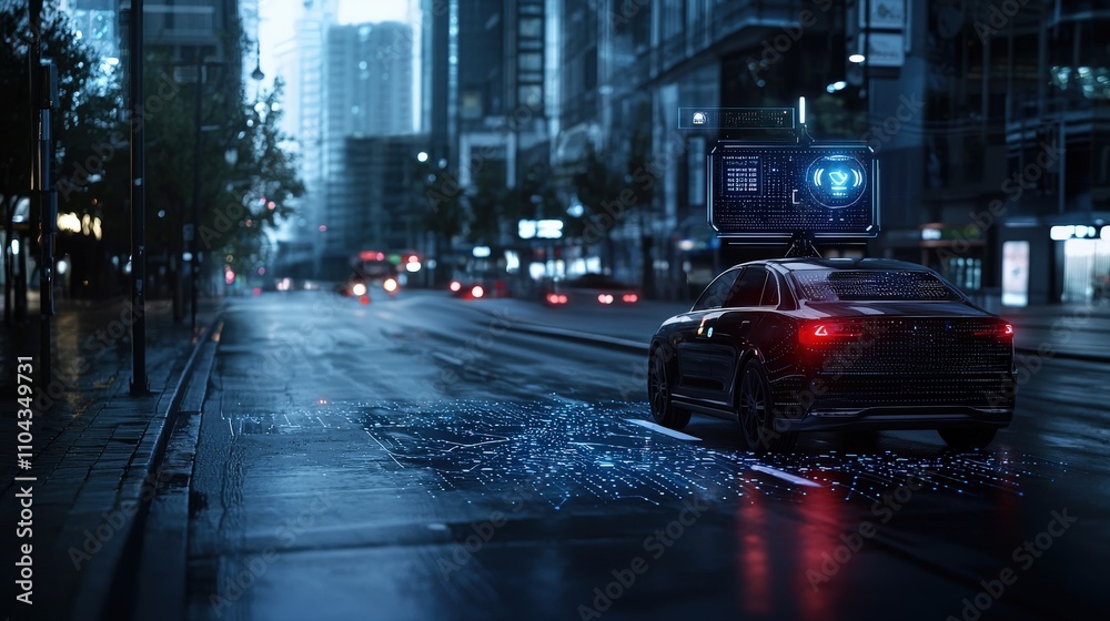 Aufkleber futuristic ai-driven autonomous vehicle navigation in urban streets a nighttime digital art perspect