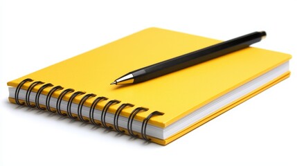  a yellow notebook with a black pen resting on top of it, set against a white background
