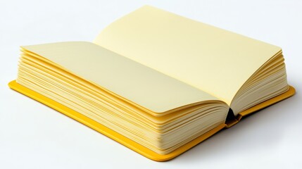  an open yellow notebook on a white background The notebook is open, revealing the pages inside The yellow color of the notebook stands out against the white backg