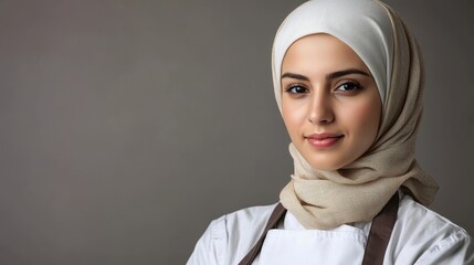  a woman wearing a white dress and a brown apron, with a headscarf on her head, smiling at the camera against a grey background