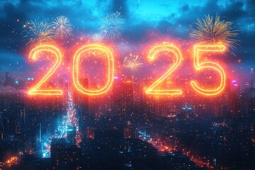 Happy New Year 2025. Burning sparkling text 2025 isolated on black background.