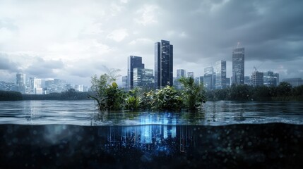 Obraz premium Innovative urban solutions for rising sea levels smart city futuristic landscape water-logged environment digital viewpoint