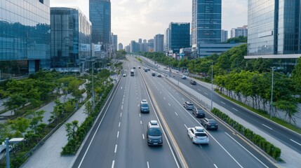 Urban traffic flow and smart city design downtown area aerial view modern infrastructure autonomous vehicle integration