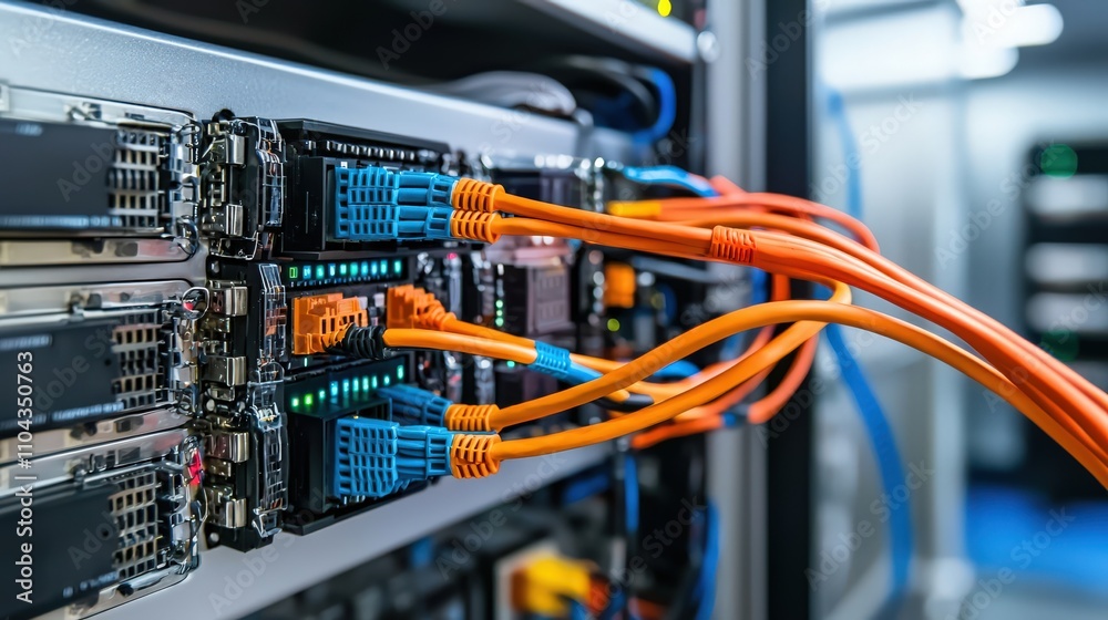 Poster Networking infrastructure setup data center technology equipment high-tech environment close-up view connectivity concept