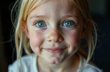A cheerful child with striking blue eyes and blonde hair beams with joy in a softly lit indoor environment, radiating happiness. Generative AI