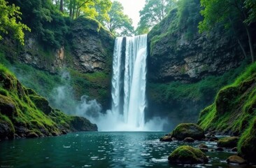 Fototapeta premium A breathtaking waterfall spills into a tranquil pool, surrounded by vibrant foliage and mist rising in a peaceful setting. Generative AI