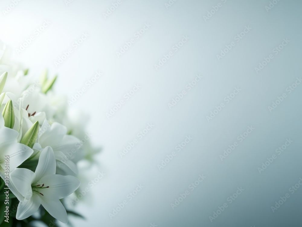 Poster softly arranged white roses and lilies against a gentle backdrop reflect elegance and tranquility. i