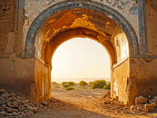 Fototapeta premium A partially ruined arch with faded mosaic details, illuminated by warm golden light, overlooking a serene landscape. Ancient architectural beauty. Generative AI