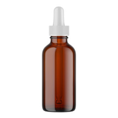 A brown glass dropper bottle with a white cap, commonly used for essential oils or liquid supplements.