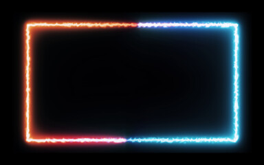 Glowing neon rectangle frame with gradient colors transitioning from red to blue, against black background. Ethereal light effect creates dreamy futuristic atmosphere with blur and flickering.