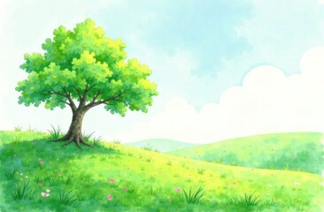 A lush green field stretches under a clear sky with a prominent tree standing tall amid softer hills and scattered flowers. Generative AI