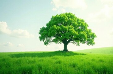 Obraz premium A large green tree rises proudly in the center of a radiant field, surrounded by fresh grass beneath a clear sky filled with soft clouds. Generative AI