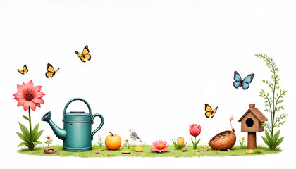 Garden watering can, flowers, butterflies and a birdhouse, smooth colors on a white background, a place for text