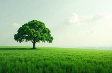 Fototapeta premium A solitary tree with abundant green foliage is set against a backdrop of a bright meadow under clear skies, basking in sunlight. Generative AI