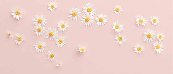 Beautiful white daisies scattered on a pale pink surface, dainty, peaceful, background, pastel, minimalist