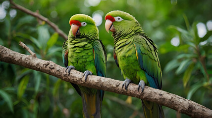 Obraz premium colorful parrots, green parrots, parrots on tree, parrots on branch, parrots in forest, birds, colorful, tropical, wings, beaks, pets, wildlife, feathers