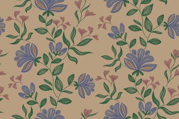 Pattern Vintage floral ethnic tapestry modern embroidery texture boho design vector illustration hand drawn silhouette indigo blue flower motif branches leaves wallpaper seamless background border.