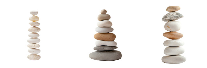 Set of a, A stack of pebbles arranged in balance, isolated on a transparent background.