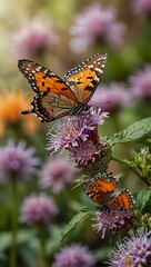 Obraz premium Butterflies feeding on flowers with a blurred floral background.