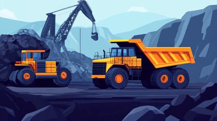 "Flat vector illustration of an excavator and dump truck working at a coal mine, showcasing extraction machinery in an open pit mine or quarry."

