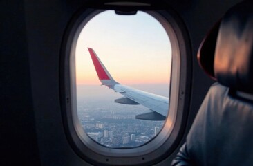 Fototapeta premium Sunset colors illuminate the sky while a cityscape is visible below the wing of an airplane from a passenger's perspective. Generative AI