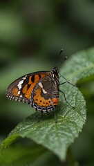 Obraz premium Butterfly perched on a green leaf.