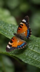 Obraz premium Butterfly perched on a green leaf.