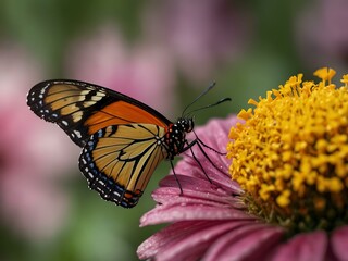 Fototapeta premium Butterfly perched on a vibrant flower with intricate wings.