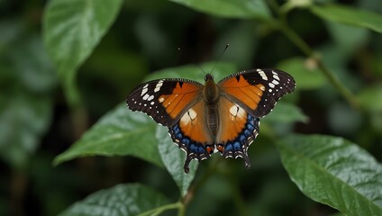 Obraz premium Butterfly perched on green leaves.