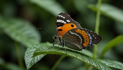 Obraz premium Butterfly perched on green leaves.